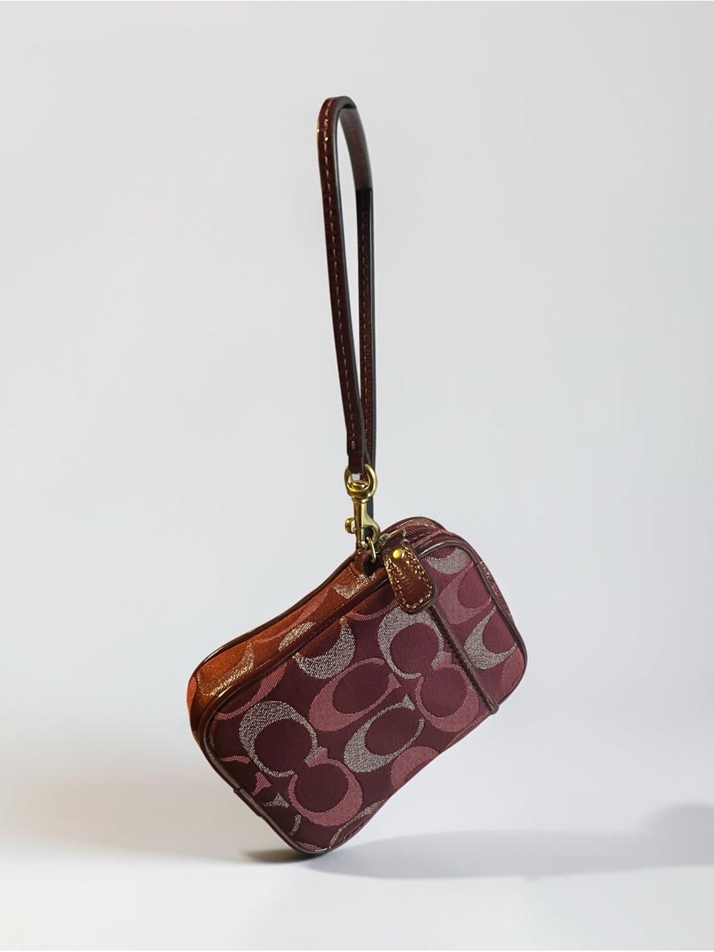 Coach Maroon Signature Canvas Wristlet with Gold Hardware